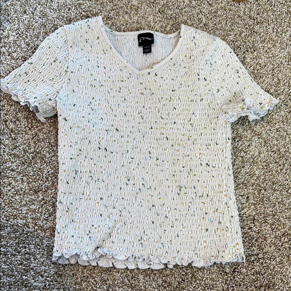 White Ruffled Smocked Short Sleeve Tee